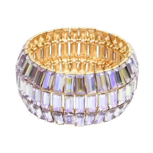 Women’s Wedding Bridal Crystal Leaf Flower Stretch Bangle Elastic Wide Bracelet Jewelry for Brides Bridesmaid - color: Style1-Violet-Gold Plated