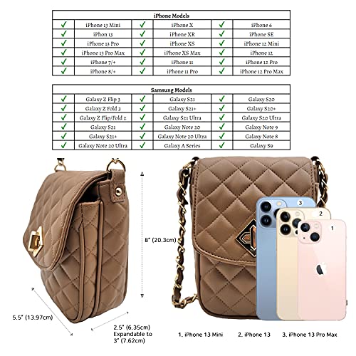 Phone Crossbody Bags for Women Small Vegan Leather Mini Shoulder Wallet Card Quilted Purse - color: B - Caramel & Gold