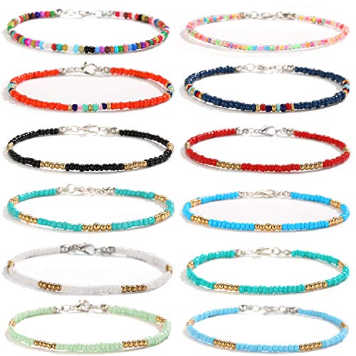 XIJIN 8Pcs Handmade Beaded Anklets for Women Boho Colorful Beads Ankle Bracelets Adjustable Foot Anklet Set - color: E