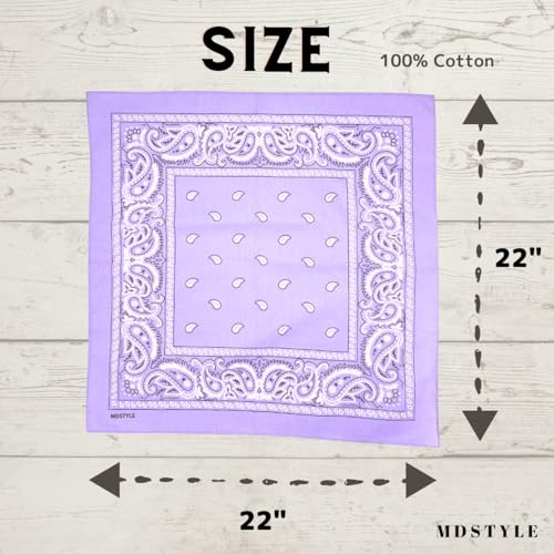 MDSTYLE 6 Pack 100% Cotton Bandanas 22” x 22" for Men & Women Paisley Handkerchief Headband Scarf Bandana - color: Lavender