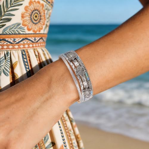 Long tiantian Boho Leather Wrap Bracelets Western Bracelets for Women Stackable Starfish Crystal Pearl Turquoise Leather Bracelet With Clasp Jewelry Gifts Boho Dresses - color: B7:grey Bracelet