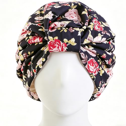 Women's Turban Head Wrap Cancer Chemo Beanies Cap Headwear Cap Bonnet Hair Loss Hat for Sleeping - color: Flower-black