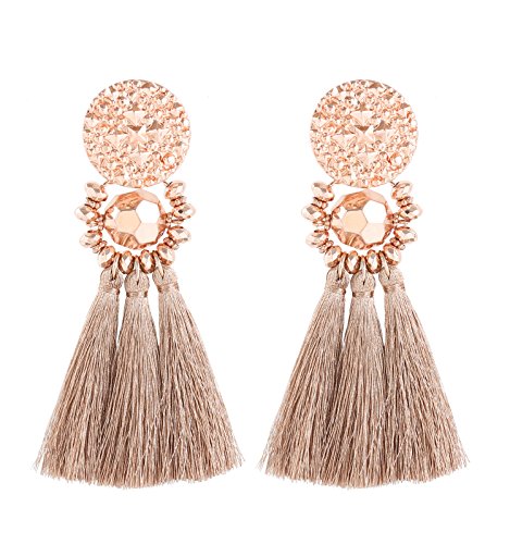 boderier Bohemian Statement Thread Tassel Chandelier Drop Dangle Earrings with Cassandra Button Stud - color: Rose Gold