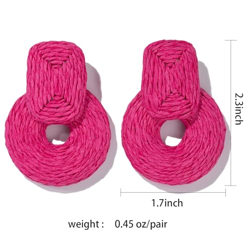 Statement Raffia Earrings Cute Boho Earrings Rattan Dangle Earrings Handmade Straw Wrap Earrings Summer Drop Dangling Earrings for Women Teen Girls - color: Rose