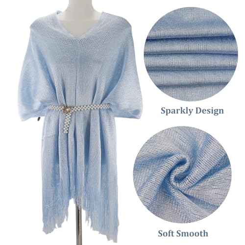 Sparkle Metallic Evening Shawls for Women formal Party Dresses Beach Travel Cardigan Shawl Wrap for Swimsuit - color: J-light Blue