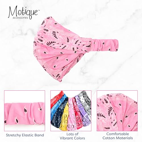 Motique Accessories Wide and Stretchy Cotton Bandana Headwrap, Multiple Colors (Light Pink Paisley, Medium) - color: Light Pink Paisley