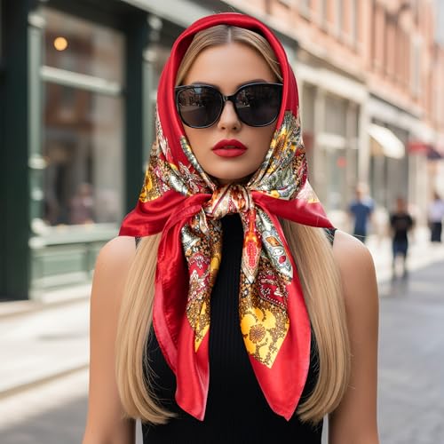 Pistha Head Scarf Bandana for Women, Satin Scarf for Hair, Large Square Silk Bandana Headscarf for Women and Men 35 Inch - style: Classic-red