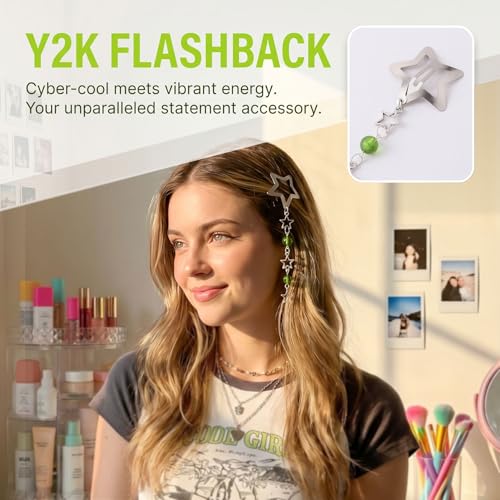 Pndeyo 2pcs Star Tassels Hair Clips for Women, Non-Slip 2000s Y2K Hair Snap Barrettes with Green Bead, Cute Star Beaded Pendant Hair Pin Accessories for Braid Long Short Thin Thick Hair- Silver - color: Silver-2pcs-A Style