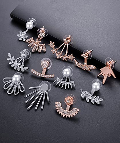 Tornito 6-12 Pairs Lotus Flower Earring Studs Chic CZ Earrings Jackets For Women Silver Rose Gold Tone - color: G:12 Pairs,Silver&Rose Gold Tone