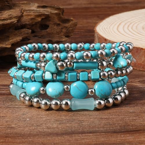Long tiantian Western Turquoise Beaded Bracelet Set for Women Stackable Cowgirl Bracelets Boho Concho Jewelry Country Concert Rodeo Outfit Accessories Gifts - color: A5:turquoise bracelet for women