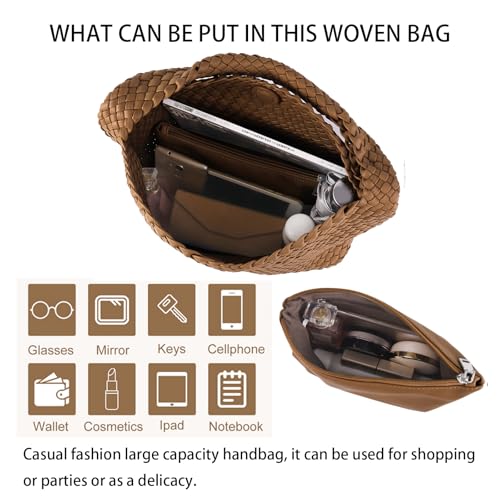 Woven Tote Bag For Women, Large Vegan Leather Travel Handbag, Casual Work Shoulder Bag, Underarm Commuter Hobo Bag With Purse - color: Brown