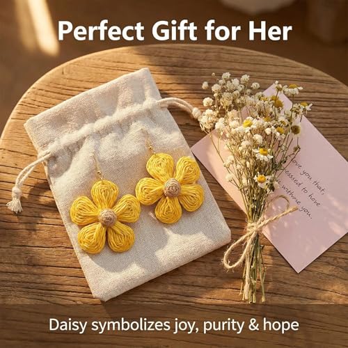 Woven Raffia Rattan Earrings for Women, Boho Flower Hoop & Drop Dangle Earrings Collection, Handmade Summer Beach Vacation Statement Earrings for Party Daily Wear - color: Yellow Flower Drop