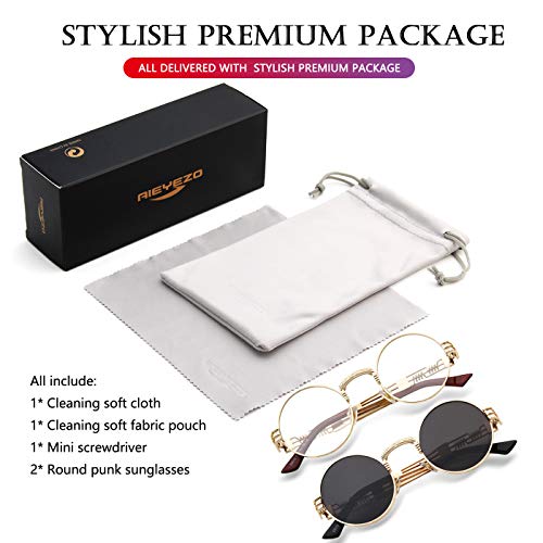 AIEYEZO Round Steampunk Sunglasses for Men Women Retro Circle Hippie Glasses Metal Frame 100% UV Blocking Lens - color: 2 Pack (Gold/Clear, Gold/Grey)