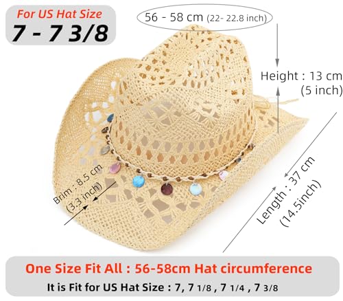 Straw Cowboy Hat, Western Cowgirl Hat, Wide Brim Sun Beach Hat for Men and Women - color: Beige-m25