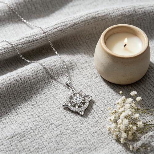 Mystical Birthstone Witches Knot Necklace – Natural Crystal Celtic Pendant, Wiccan Pagan Jewelry Gift for Women - color: April