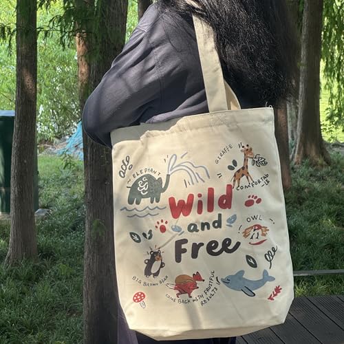 Canvas Tote Bag with Zipper for Women, Aesthetic Tote Bag with Pocket for Vacation, Shopping, Travel, Beach - style: Wild and Free