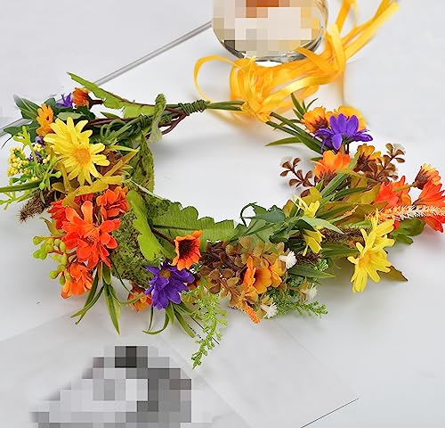Vivivalue Women Flower Crown Flower Headband Hair Wreath Floral Headpiece Halo Boho with Ribbon Wedding Party Festival Photos - color: P