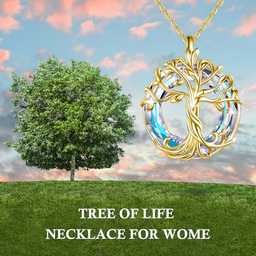TOUPOP Tree of Life Necklace Gifts for Women 925 Sterling Silver Family Tree Pendant with Crystal Birthday Irish Jewelry Gifts for Women Her Wife Mom - color: 03-Gold-White Crystal