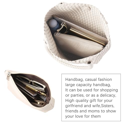 Hand Woven Bag Tote BagS For Women Top Handle Shoulder Vegan Leather Large Travel Beach Hobo Handbag - color: Beige