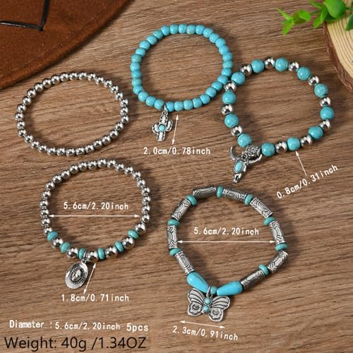 Long tiantian Western Turquoise Beaded Bracelet Set for Women Stackable Cowgirl Bracelets Boho Concho Jewelry Country Concert Rodeo Outfit Accessories Gifts - color: A4:turquoise bracelet for women
