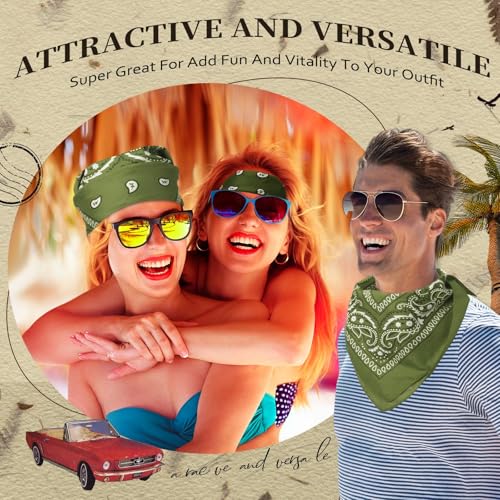 Suhine 12 Pcs Bandanas Bulk for Women Men 22 x 22 Inch Paisley Headband Cowboy Handkerchief Summer Beach Party Costume - color: Olive Green