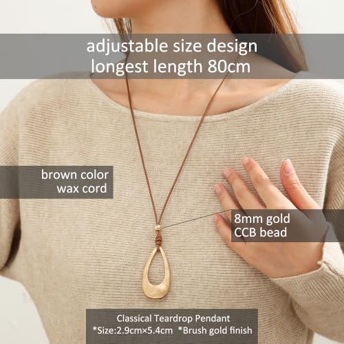 Brushed Gold Plated Classic Teardrop Pendant Long Necklace for Women, Adjustable Length Brown Wax Cord Sweater Chain Fashion Jewelry Gifts - color: Brushed Gold
