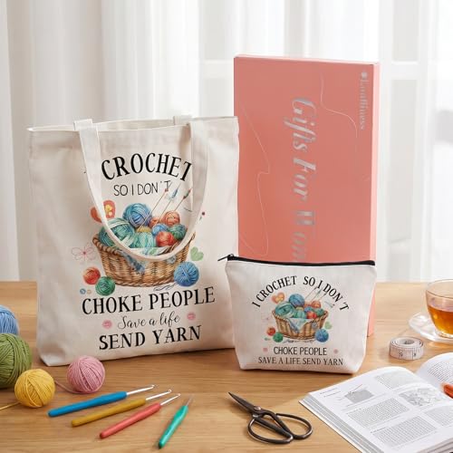 Crochet Lover Gifts for Women Funny Crochet Canvas Tote Bag with Cosmetic Pouch Bag Reusable Grocery Folding Shopping Bags Knitting Crocheting Funny Gifts for Women Friends Knitter Crocheters