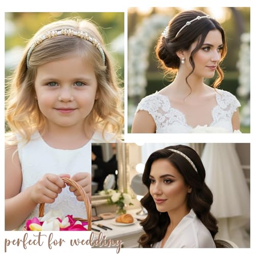 5 Pcs Pearl Headbands for Women, Thin Crystal Beaded Metal Hair Bands, Elegant Rhinestone Floral Hair Hoops, Vintage Bridal Wedding Hair Accessories Set for Girls - color: 5 Pcs Pearl