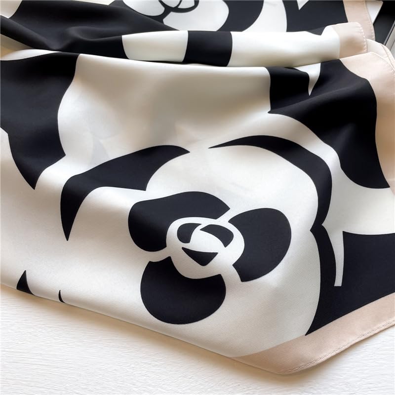 Women's Square Silk Like Head Scarf Large 35 inch Silk Feeling Hair Wrapping Satin Scarves for Sleeping Bandanas - color: A004-1 Twill Flower Rice White