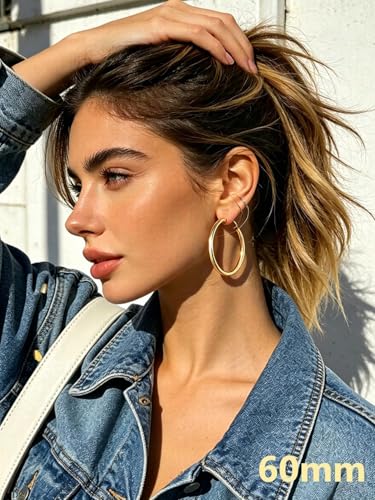 Bestyle 5mm Thick Gold Hoop Earrings Hypoallergenic Hoops for Sensitive Ears Trendy Lightweight Chunky Earrings for Women 30/40/60/80mm - color: 01-Gold, size: 60mm