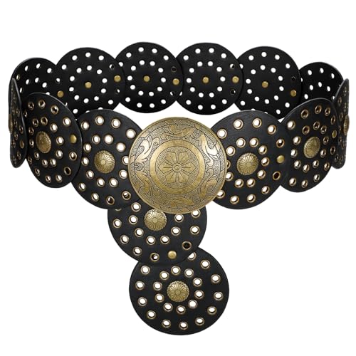 LEACOOLKEY Women's Boho Disc Belt Wide Western Leather Belt Vintage Concho Waist Belts for Dress Jeans - color: A-black, size: Fits 40"–45" (Waist/Hips), style: Style a