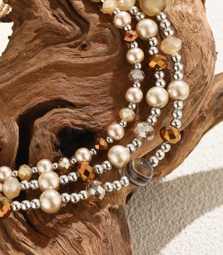 Noessla Beaded Statement Necklaces for Women Layered Chunky Bead Necklace Fashion Costume Jewelry Gifts for Mom - color: Champagne Brown