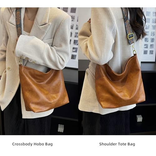 Hobo Bags for Women Crossbody Bag Guitar Strap Purse Vegan Leather Shoulder Handbags Boho Purses Tote Bucket Bag - color: Orange