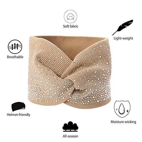 Sparkly Crystal Bling Fancy Headbands with Stretchy Elastic Head Wraps and Turban Scarf for Black Women - 3 Pcs - color: White & Khaki & Black