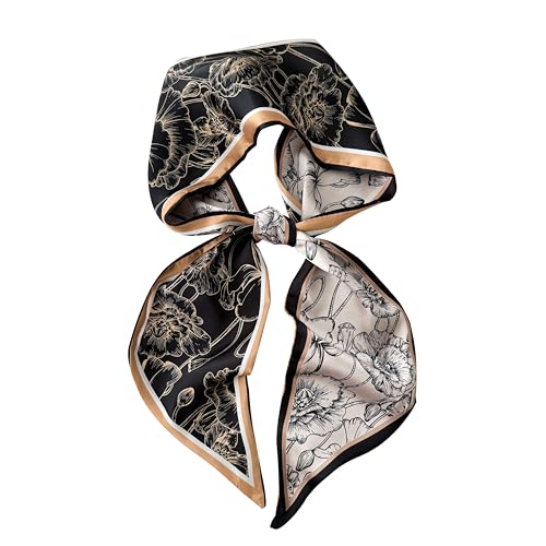 Hair Scarf for Women - 53"x5.3" Purse Scarf, Extra Long Satin Wrap, Versatile Belt & Boho Neck Accessory - color: Black Abstract