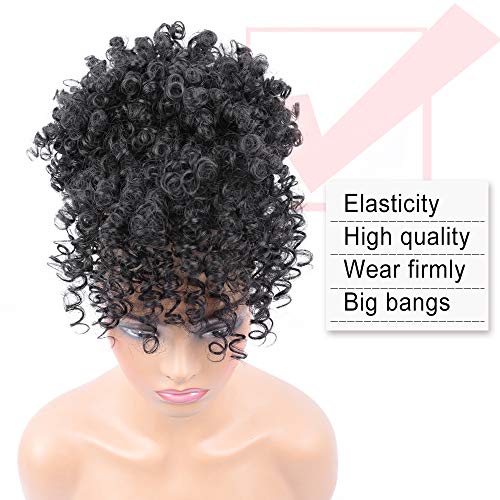 Drawstring Ponytail with Bangs Afro Puff Ponytail Extensions for Women Short Curly Puff Ponytail with Bangs Clip in Wrap Updo Hairpiece for Women(1B) - color: 1B