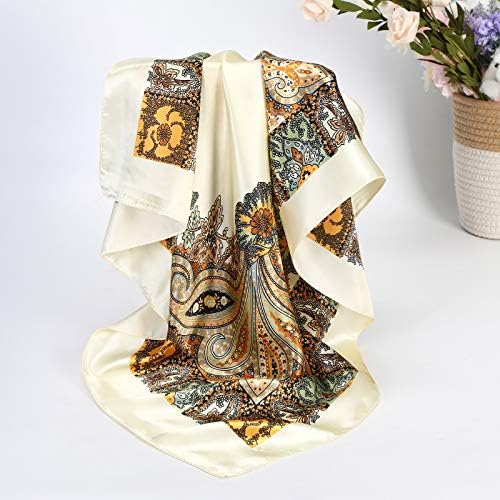 Women Head-Scarf Silk-Feeling-Scarf Hair Scarf Boho-Print Bandanas 35 Inches Square - color: Beige
