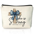 Coquette Blue Bow Christian Makeup Bag, She Is Worthy Blue Girly Cosmetic Bags for Women, Proverbs 31 Woman Gifts, Christian Gifts for Women, Preppy Aesthetic Zipper Makeup Pouch - color: 01- Bible(01)