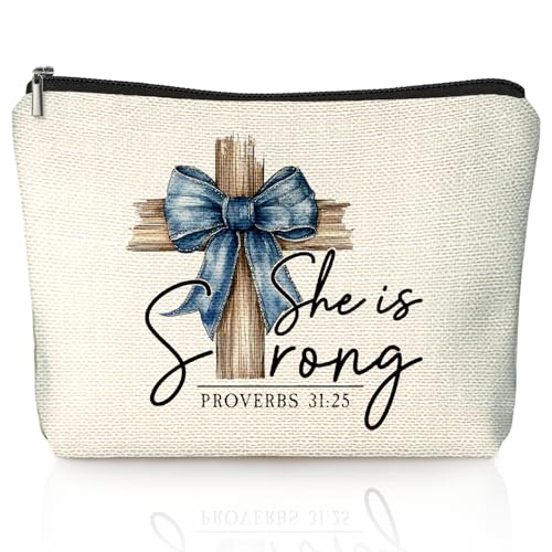 Coquette Blue Bow Christian Makeup Bag, She Is Worthy Blue Girly Cosmetic Bags for Women, Proverbs 31 Woman Gifts, Christian Gifts for Women, Preppy Aesthetic Zipper Makeup Pouch - color: 01- Bible(01)