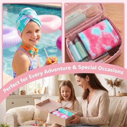 Basumee Microfiber Hair Towel Wrap for Kids 2 Pack Rapid Drying Hair Towel with Button Hair Turbans for Wet Hair Wraps Head Towel Wrap for Women and Girls - color: Pink Purple Tie-dye