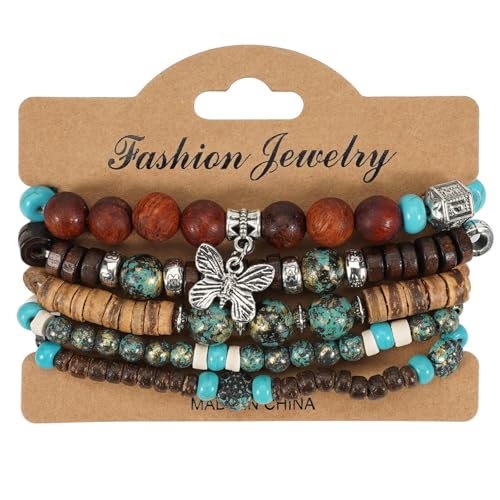 COLORFUL BLING Boho Turquoise Wooden Beaded Stretch Bracelets Stackable Turtle Butterfly Elephant Shell Heart Charms Bracelet for Women Men Western Jewelry Gifts - style: Set 5