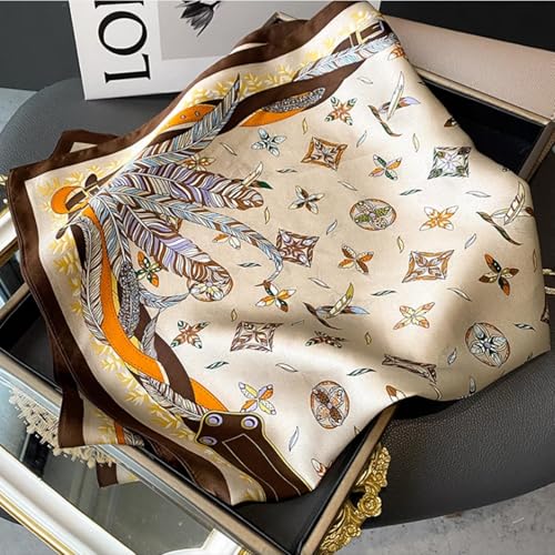 Sumolux Head Hair Scarf for Women Like Satin Silk Scarf Bandana Hair Wrapping Night Large Square Scarves 27.5" - color: Khaki Feather