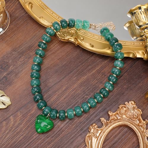 Chunky Colorful Beaded Statement Boho Summer Beach Chokers Necklace Heart Pendant Pink Green Yellow Brown Fashion Jewelry - color: Gold-Green