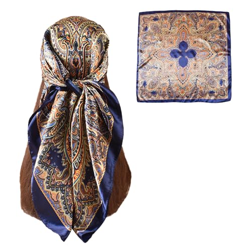35” Satin Large Square Head Scarves-Like Silk Satin Scarf for Hair Wrapping at Night Bandana Square Scarf for Sleeping - color: Symmetrical Cashew Nuts-navy Blue