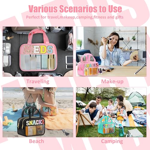 BuyCard Chenille Letter Clear Medicine Makeup Bag for Travel, Preppy Patch Nylon Cosmetic Meds Pouch with Handles and Zipper, Waterproof Large Travel Toiletry Bag Storage Case for Women Pink - color: Pink-MEDS