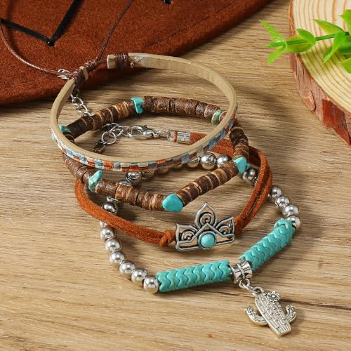 Western Turquoise Beaded Bracelet Stack - Vintage Cowgirl Stretch Set with Bull Skull, Feather & Boot Charms, Handmade Boho Jewelry for Rodeo, Country Concerts & Casual Western Outfits - style: 4
