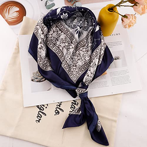 NZKNP Silk-Like Head Scarf - Women's Bandana Wraps - color: 24-navy and White, size: 35"*35"