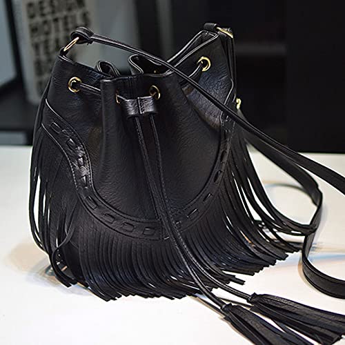 Hoce Women’s Leather Fringe Messenger Bag Large Hobo Crossbody Tassel Shoulder Bags, Gift for Mom Wife Girlfriend - color: C-black