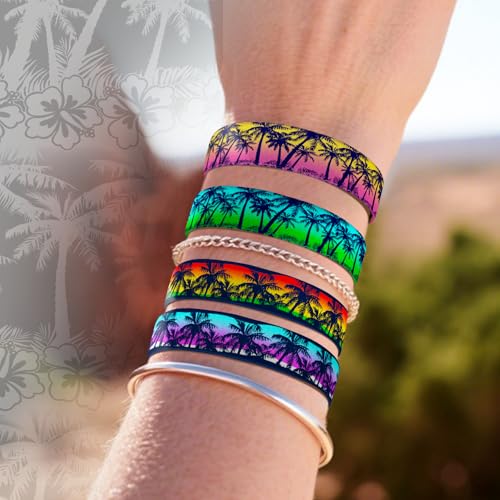 4 Pcs Surfer Beach Bracelets for Men Women Inspirational Elastic Comfy Summer Reversible Wristband Gifts Friendship Bracelets - color: Sunset Coconut Trees-Bracelets, size: (7.5") Large
