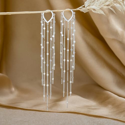 Robaice Gold Long Prom Earrings for Women, 14K Gold Plated Pearl Dangle Drop and Chain Tassel Threader Earrings Dangling，Rhinestone Zirconia Hypoallergenic Bride Party Prom Gold jewelry，Women Gifts - style: B-dangle tassel chains, silver